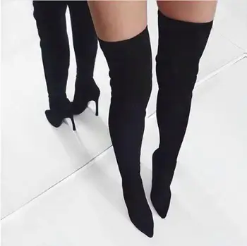 Зимни дамски модни дълги ботуши, истинска снимка, кайсия черни розови велурени ботфорты над коляното с остри пръсти, тънки ботуши на висок ток