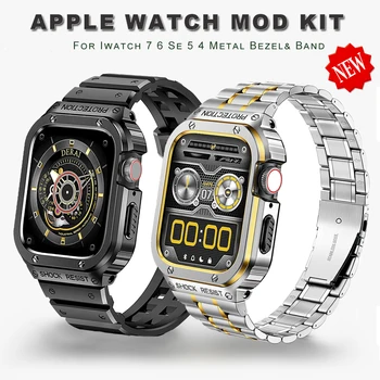 Луксозна каишка + Калъф За Apple Watch Band 45 45 мм 44 мм Броня рамка Капак От Неръждаема Стомана Аксесоари iwatch series 4 5 SE 6 7