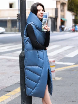 2022 Новият есенно-зимния женски жилетка, свободно памучно палто със средна дължина, с цип, без ръкави с качулка