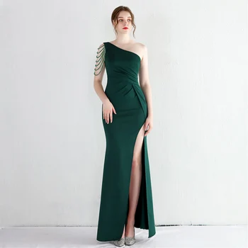 Елегантни рокли за бала на едно рамо, без ръкави със зелен кристал, бродирани с мъниста, с отворен гръб, женски празнична рокля с дължина до глезена