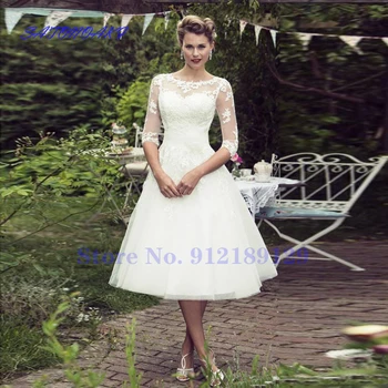 Реколта къси булчински рокли от 2021 с къси ръкави, дантелени апликации, сватбената рокля чаена дължина с копчета отзад, Vestidos De Новия за, Франция