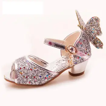 Сандали за момичета, розови обувки за латино танци с кристали и пеперуди, от 5 до 13 години, от 6 до 7 години, летните обувки на принцесата на висок ток, детски обувки