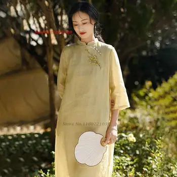 2023 традиционното китайското винтажное ципао, памучно семе и лененото рокля, секси рокля с бродерия на цветя, ципао, елегантен чонсам, източно ципао
