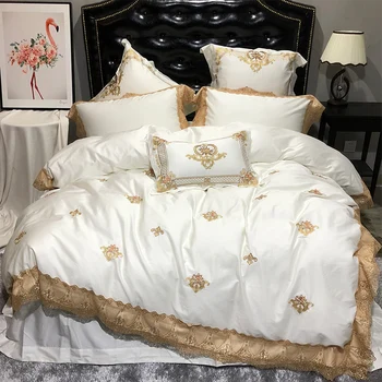 Златна бродерия в Луксозна кралското бельо спално бельо от египетски памук, мека бяла кралица на САЩ, кралят е Екстра-класа, чаршаф, чаршаф, комплект с възглавници