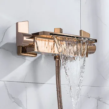Смесител за душ за баня от неръждаема стомана, смесител за топла и студена вода в банята, ръчен водопад, монтиран на стената, розово злато