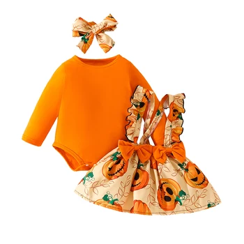 Дрехи за малките момичета 0-18 месеца, оранжево боди с дълги ръкави за Хелоуин, поли-камизола под формата на тиква, лента за коса, комплект от 3 теми, дрехи за бебета