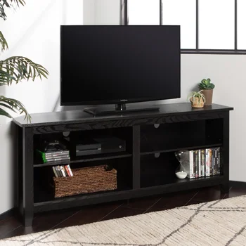 Преходна ъглова поставка за телевизор с плетена пътеки за телевизори до 65 инча, черна