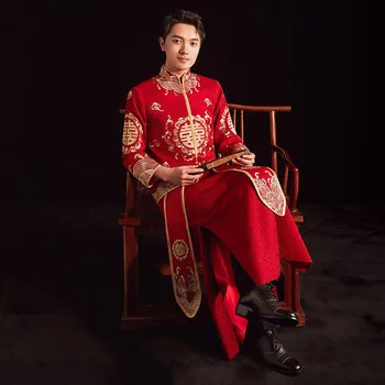 Елегантен мъжки ретро червен ципао с бродерия, традиционна сватбена Чонсам в китайски стил