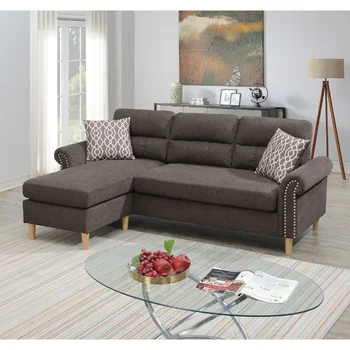 Полифайбер кафяв цвят, обръщане на секционни диван, определени шезлонги, плюшен възглавници за дивана, кафяв плат с пирони [САЩ
