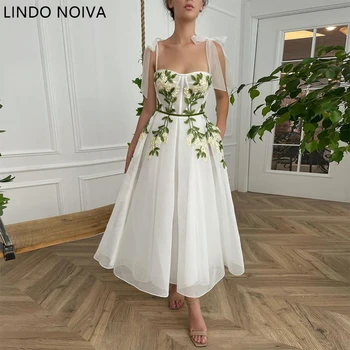 LINDO NOIVA, рокли за абитуриентски бал с аппликацией под формата на бели цветя, вечерна рокля трапецовидна форма на бретелях с лък, вечерни рокли за вашата сватба парти с джобове