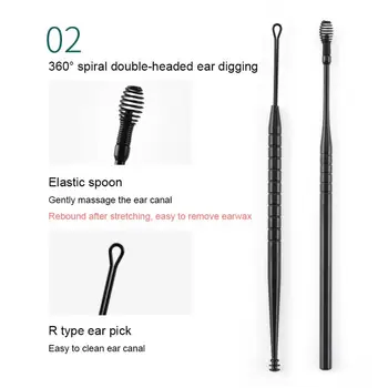 5 // набор ушни серных пръчки от неръждаема стомана и комплект за премахване на восък, определени за пиърсинг, ушна сяра, кюртирам, лъжица, инструмент за почистване на ушите, удобен за носене