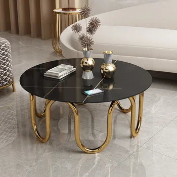 Лесен луксозна маса от неръждаема стомана, италиански масичка за кафе, дизайнерски творчески кръгла масичка за чай от каменни плочи