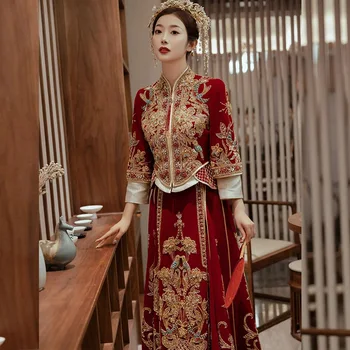 Сватбена рокля с бродерия от червен велур за булката, Чонсам, китайски стил, пайети, бродерии от мъниста сватбена рокля за тостер