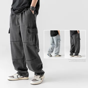 Мъжки дънки с двойно стереоскопическим джоб, панталони за работа в ретро стил