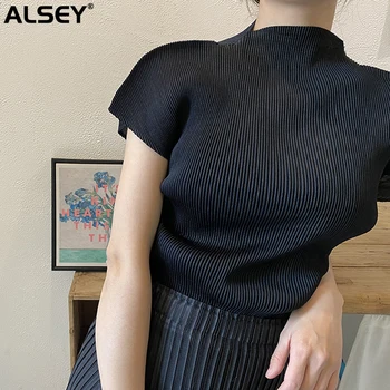 ALSEY / Лятна плиссированная тениска Miyake с високо воротом, однотонная тениска с къс ръкав, дамски модни и Ежедневни Лека Эстетичная на Горно облекло