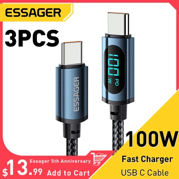 Essager 3 БР. PD 100 W USB Type C ЗА C USB Кабел Дисплей 5A Бързо Зареждане C USB Кабел За Данни, За Huawei Samsung Poco F3 Лаптоп iPad