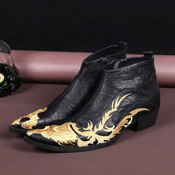 Народна златна бродерия Мъжки кожени обувки с дракон Masculinos Мъжки банкетни ботфорты от телешка кожа, с високо берцем мъжки модел обувки Zapatos