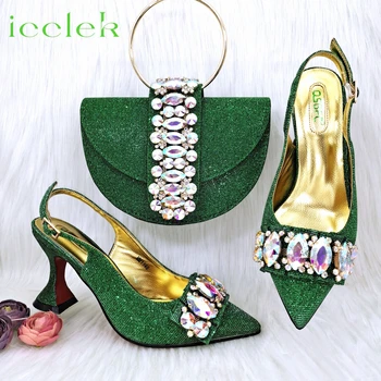 Комплект елегантни обувки в зелен цвят с висок ток и чанта с големи кристали за нигерийски женските сватбени партита