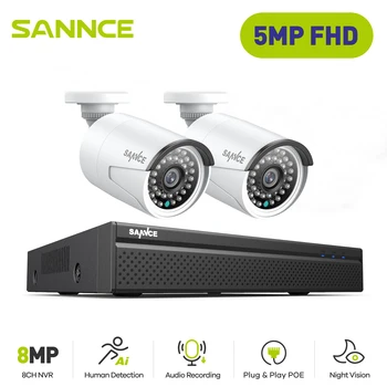 SANNCE 8CH 5MP POE HD Система за Видеонаблюдение H. 264 + NVR С 2X 5-Мегапикселова IP Камера Водоустойчива Външна Система за Видеонаблюдение НРВ
