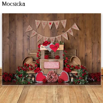 MOCSICKA Valentine Селски дървен фон за снимки на Червена роза за снимане на рожден ден за фото студио