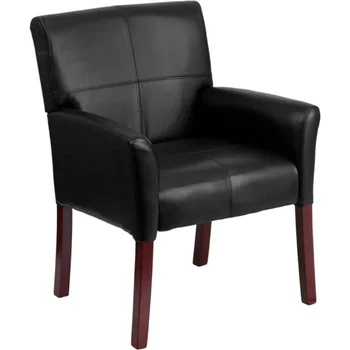 Луксозно обзавеждане Черно стол за приемане на гости от мека кожа с крака от махагон