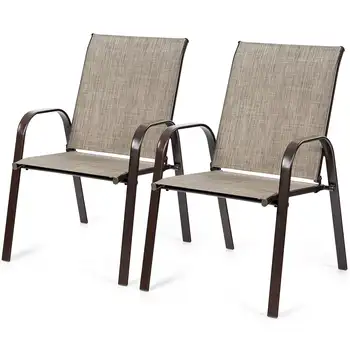 Gymax Комплект от 2 столове за тераса, трапезария столове с метална рамка, уличен сив цвят в двора