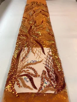 Луксозна лейси плат от мъниста Френски оранжево тюл Дантелен плат за младоженци Материал най-Новият мъниста, ръчно изработени африкански дантела за сватба