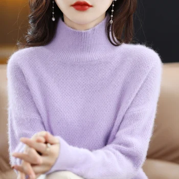 Есен/зима 2023, нов пуловер, женски модерен пуловер с висока воротом, дълъг ръкав, кадифе от 100% норка, монофонични топъл пуловер