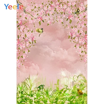 Yeele Розово черешов цвят, зелена трева, на фона на снимки, фотофон, борова гора, фотофоны, студио за детска торта за новородено