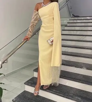 Дамски жълти вечерни рокли Прости с пискюл на едното рамо може да бъде конфигуриран за официален повод 2023 Саудитска Арабия
