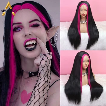 Розово-черните дантелени перуки, направени от синтетични косми Огнеупорни синтетичен завързана предни перука Aiva Drag Queen перуки за Cosplay черни жени