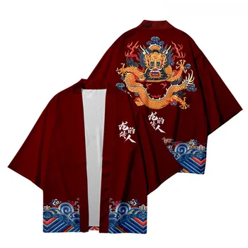 Нов дизайн, модерен японски жилетка с принтом дракон, Хаори, дамски традиционната азиатска дрехи, червени ризи за cosplay, юката, плажна кимоно