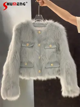 Нова мода висококачествено сиво палто от изкуствена лисьего кожа в класически стил, дамска есенно-зимна елегантна проста однотонная укороченная кожа яке приталенного cut