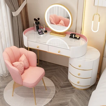 Бели тоалетки за спалня, луксозно мултифункционален огледало с осветление, столче за грим, free toiletries, мебели от дърво