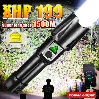 Най-мощен led фенерче XHP199 с високо люменом, USB-акумулаторна лампа, 1500 метра фенерче XHP360 висока мощност, тактически фенер