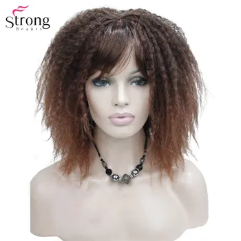 StrongBeauty афроамериканские перуки с косата си цвят омбре, къдрава, със средна дължина, черна/ кафява, синтетични перука