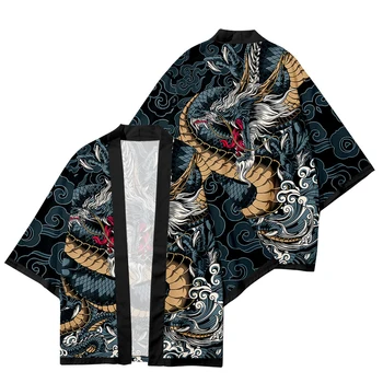 Японски самурай аниме Градинска облекло Жилетка Юката китайски дракон принт Традиционно кимоно за cosplay, Дрехи за жени, мъже Хаори