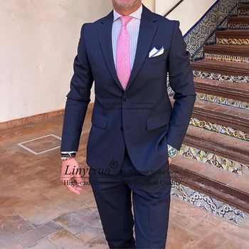 Модерен тъмно син костюм за мъже, бизнес блейзър, домашен сватбен смокинг на младоженеца, оборудвана случайни яке от 2 теми, панталони Terno Masculino