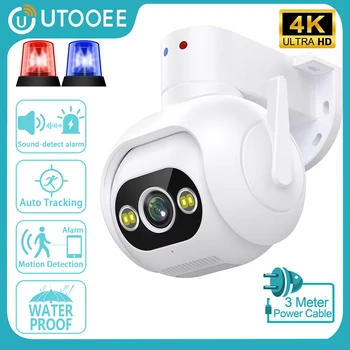 UTOOEE 4K 8MP WIFI PTZ камера с 10-кратно увеличение, звукова аларма с автоматично проследяване, IP камера видеонаблюдение, полицейско осветление, iCam365