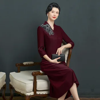 Вечерни рокли за майката на булката Cheongsams бордо цвят, китайски традиционни ципао, сватбени рокли за гости, женствена рокля 2023