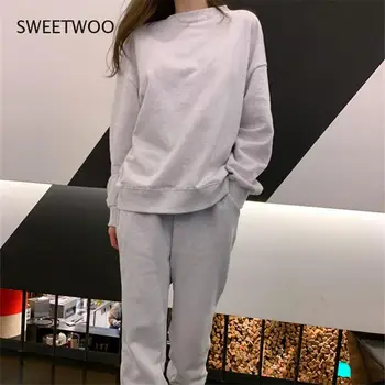 Ежедневни блузи и панталони от две теми за жени, свободен е модерен комплект с дълъг ръкав и кръгло деколте, женски корейски шик, свободен размер