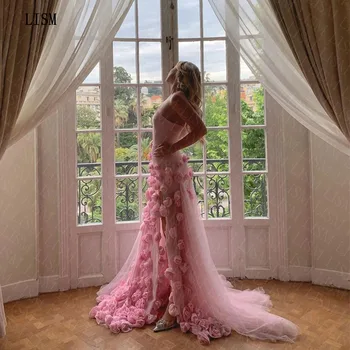 LISM Розови трапециевидные рокли без презрамки с висока цепка отстрани, тюлевый струята с обемни цветя, вечерни рокли за партита, елегантна рокля за бала известни личности 2023 година