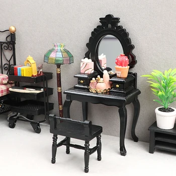 1:12 куклена къща Miniature Wooden Furniture Makeup Dressing Table with Stool Decor мебели за миди у дома