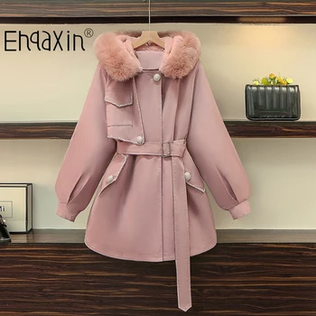 EHQAXIN/ дамски naka яке с качулка, зимни дрехи, новост, расшитая мъниста, плюс кадифе, утепленная топло яке, палто L-4XL