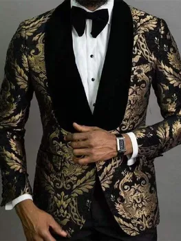 Разкошен златен жаккардовый мъжки костюм, 2 броя, блейзър, черни панталони, velvet ревера на една пуговице, модерен бизнес модерен сватбата младоженецът