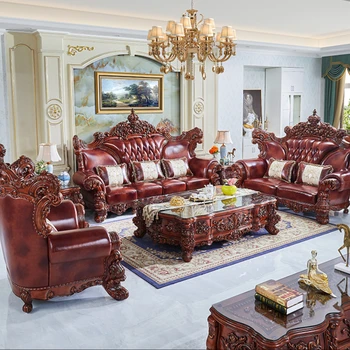 Европейският диван от естествена кожа, комбинация от хол, луксозна вила, висококачествени мебели Crown, френски, определени за дома от масивна дървесина