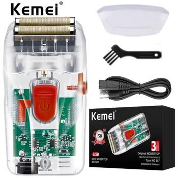 Електрическа самобръсначка Kemei с прозрачен корпус, акумулаторна фризьорски бръснач от фолио, машина за подстригване на брада, ултра-машина за бръснене за мъже
