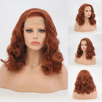 Оранжева перука JOY & BEAUTY Hair, кратък вълнообразни синтетични перука на дантели за жени, перука от устойчиви на топлина влакна Cospaly, перука