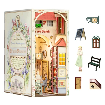 Fsolis САМ Книжен Ъгъл Комплект Миниатюрни Къщата с Мебели и Осветление Алея bookshelf Вмъкване на 3D Стойка За Книги Сграда За Подарък Възрастни