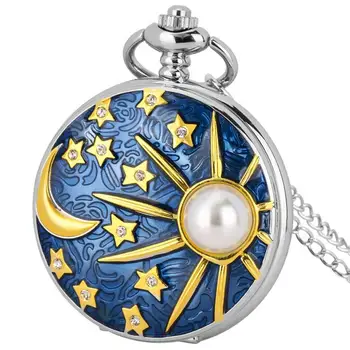 Щампована скулптура, колие от кварц цвят на морските вълни, сини звезди и Луната, с инкрустирани перли, сребърен джобен часовник, верижка с окачване, подаръци за мъже и жени
